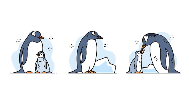 three simple flat cartoon penguins, adult and baby interacting on ice floes, cute animal family, pixel art illustration