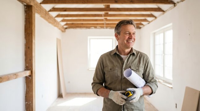 Successful real estate flipper conducting site visit holding architectural plans
