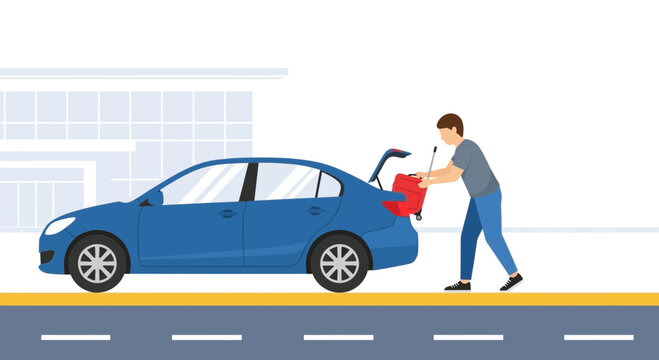 Man loading luggage into car trunk for travel, vacation or moving