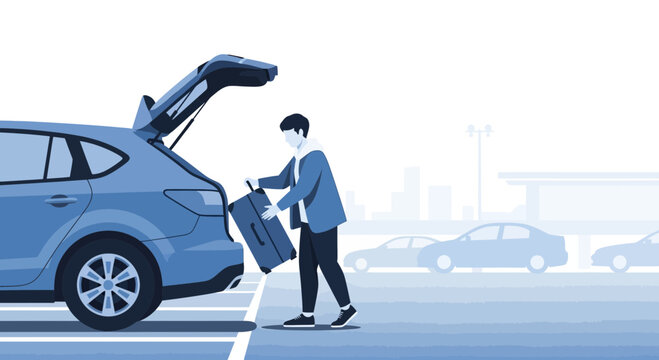 Man loading luggage into car trunk, travel concept
