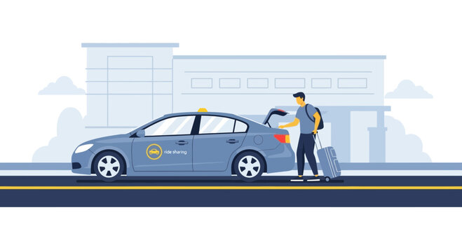 Man loading luggage into taxi at airport or hotel for travel and transportation