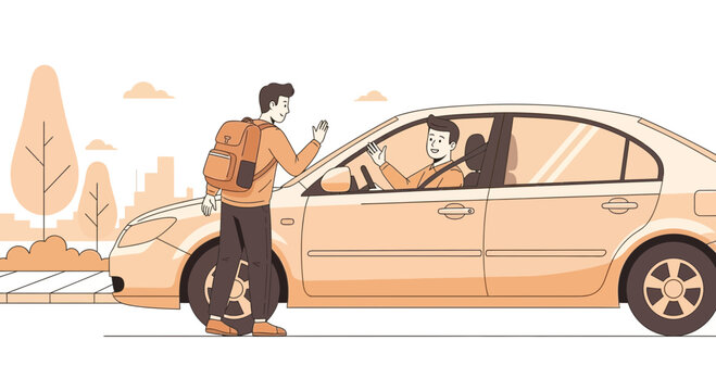Man on electric unicycle greets driver in car, urban commute, modern transport