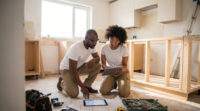 Researching online video tutorials for installing flat pack kitchen island