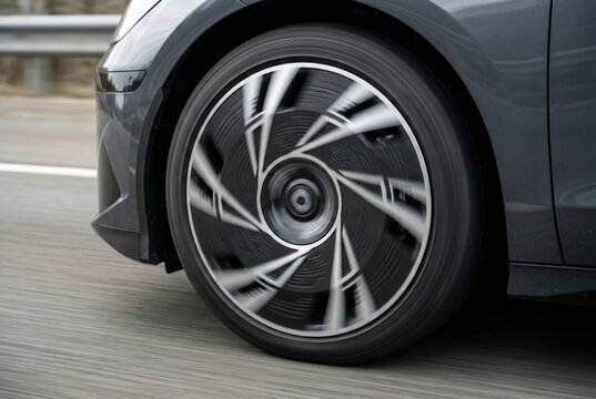 Smooth conical aerodynamic hubcap on modern EV rotating at highway speed