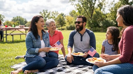 Naklejka premium Multiracial adoptive family summer picnic reunion outdoors