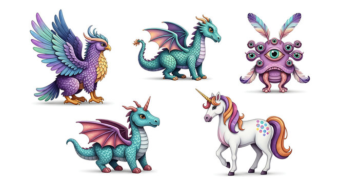 collection of pixel art fantasy creatures including a griffin, dragon, beholder, small dragon, and unicorn on a white background