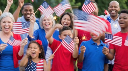 Fototapeta premium Multi family summer vacation group photo with national flags