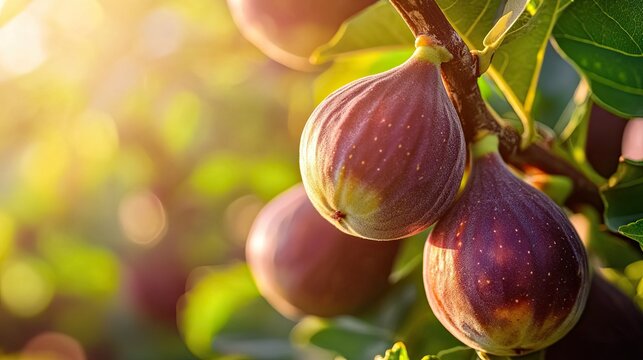 Ripe figs on branch, orchard sunset, healthy food.