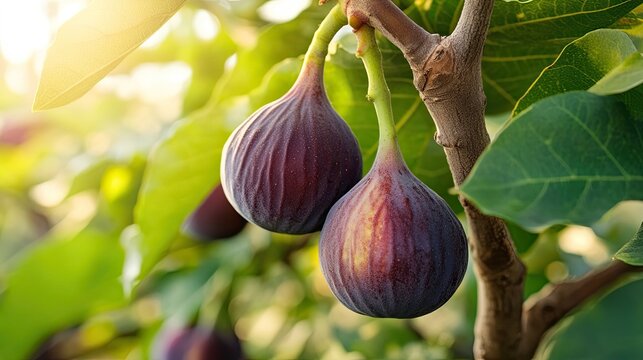 Ripe figs on branch, orchard sunlight, summer harvest, healthy food.