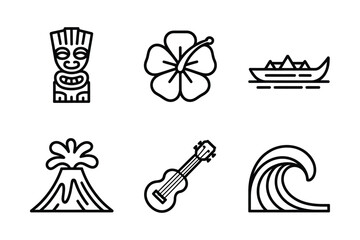 Obraz premium Hawaiian icons: tiki hibiscus canoe volcano ukulele wave with line art, hibiscus