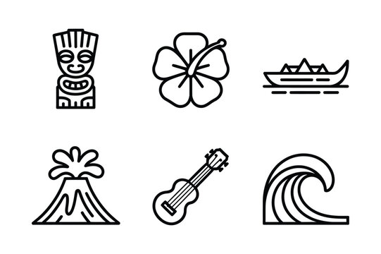 Hawaiian icons: tiki hibiscus canoe volcano ukulele wave with line art, hibiscus