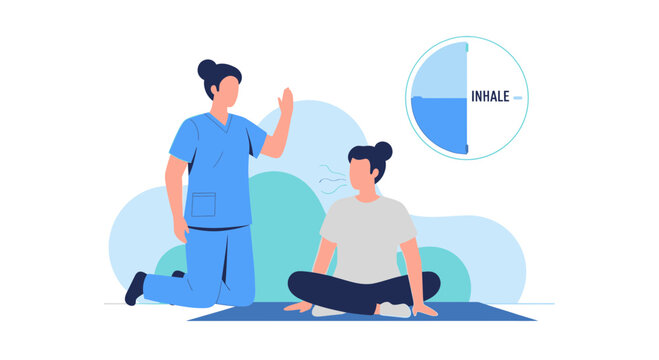 Physical therapist guiding patient in breathing exercise with visual aid