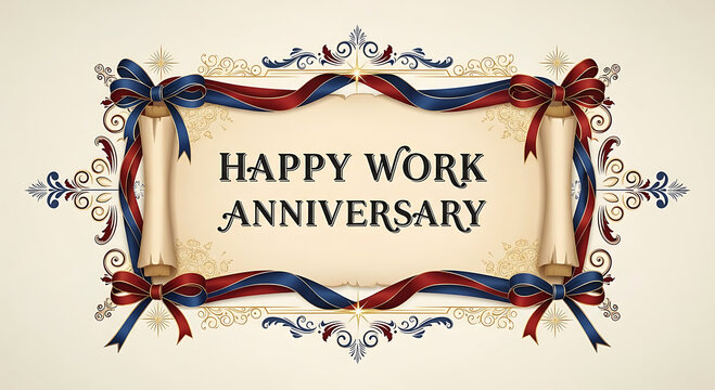 Happy work anniversary text on ornate ribbon and scroll banner celebration