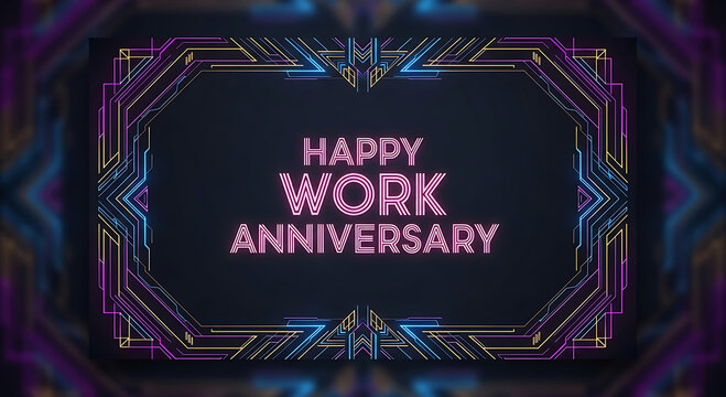 Happy work anniversary text inside geometric frame neon lights celebration