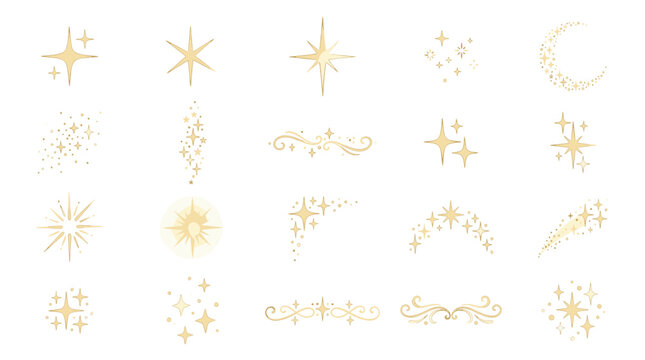Gold sparkle and magic dust vector set with stars, glitter bursts, twinkles, swirls, fairy trails and decorative glowing effects