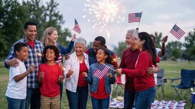 Multi generational family enjoying summer evening fireworks show in the park