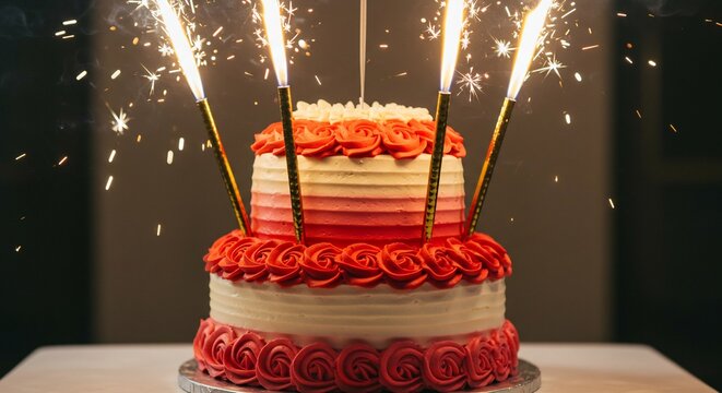 夜の闇を明るく照らすスパークラーが誕生日ケーキを幻想的に彩る 赤白のフロスティングが祝いの喜びを最大限に引き出す華やかな一枚. AI Generated