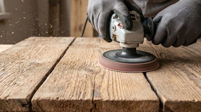 Aggressively stripping thick varnish from tabletop using grinder with flap disc