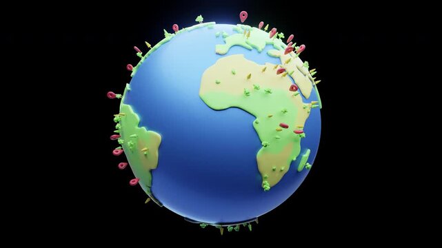 3d render looping planet earth rotates with red point pin cartoon styles alpha channel Background