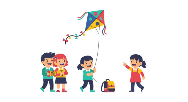 A group of cheerful children are having fun together outdoors, enthusiastically flying a colorful diamond-shaped kite.