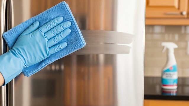 青い手袋をはめた手がマイクロファイバークロスでステンレス冷蔵庫を丁寧に拭く明るいキッチンでの清掃風景美しく清潔な住まいを保つ家事の瞬間. AI Generated
