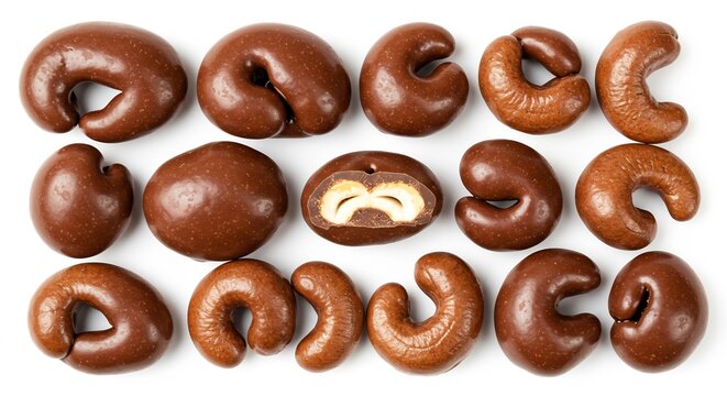 純粋な白い背景に上品に並べられた艶やかなチョコレートで覆われたカシューナッツ断面が見える一粒が濃厚な甘さと豊かな風味を視覚的に強調する魅力的なクローズアップ写真. AI Generated