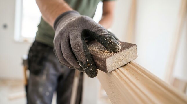 Artisan craftsman smoothing custom door frame with manual sanding block