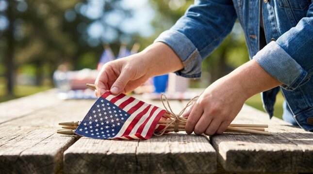 Local historical society volunteer proactively sorting bundle of small flags for upcoming parade