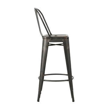 A solitary tall industrial bar stool made of dark charcoal grey distressed metal with rust flecks, featuring a contoured backrest, isolated on a transparent background. Industrial product concept