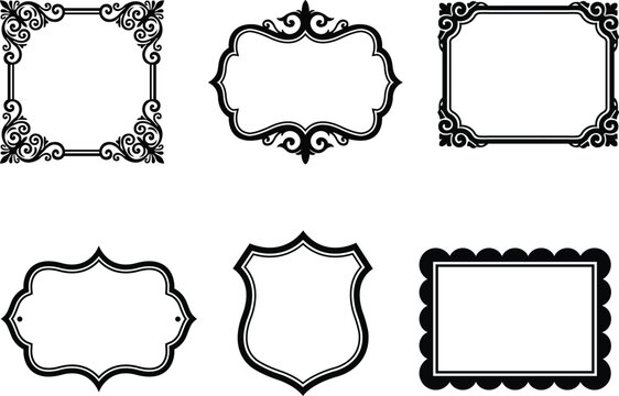 Elegant black frame silhouettes isolated on transparent background decorative borders