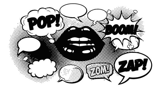 Comic Book Lips with Pop Boom Zap Zom Speech Bubbles