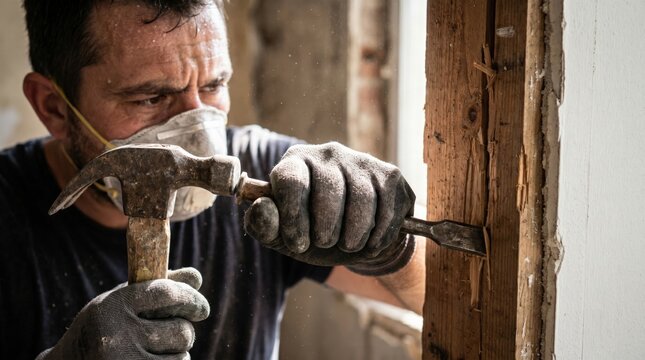 Tense moment carefully removing dry rot from load bearing wooden stud