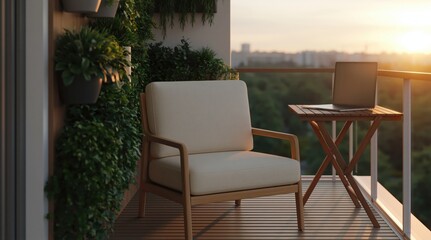 Obraz premium Comfortable chair and laptop on balcony overlooking cityscape at sunset, surrounded by vibrant plants. High quality photo