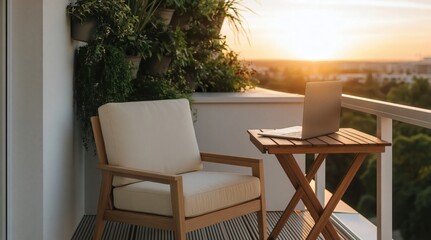 Obraz premium Serene balcony setting at sunset, featuring comfortable armchair, small wooden table with laptop, and lush greenery, overlooking distant cityscape. High quality photo