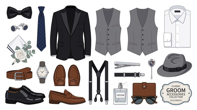 Hand drawn groom fashion vector set with suit, vest, shirt, tie, bow tie, shoes, hat, watch and wedding accessories isolated on white