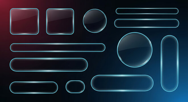 Set of modern glass web buttons and UI interface elements on a gradient background with interface template elements abstract translucent application
