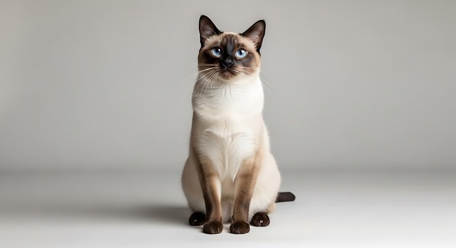 A beautiful and elegant Siamese cat with striking blue eyes sitting attentively on a plain background