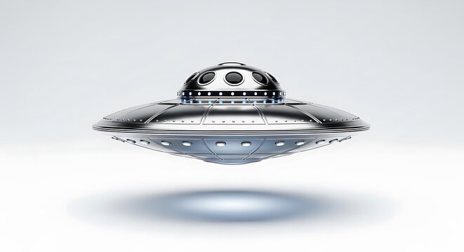 Futuristic metallic flying saucer hovering in the air with a soft blue glow beneath it, symbolizing extraterrestrial visitation and advanced technology