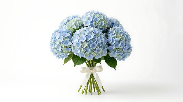 A beautiful bouquet of blue hydrangeas is arranged with green leaves on a white background indoors.