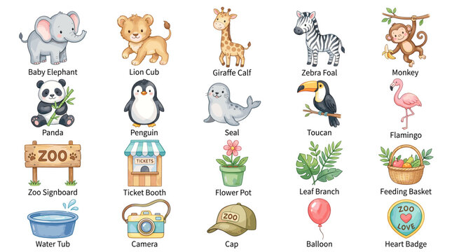 Hand drawn zoo animals vector set with cute elephant, lion cub, giraffe, zebra, monkey and safari icons for kids education and nursery design