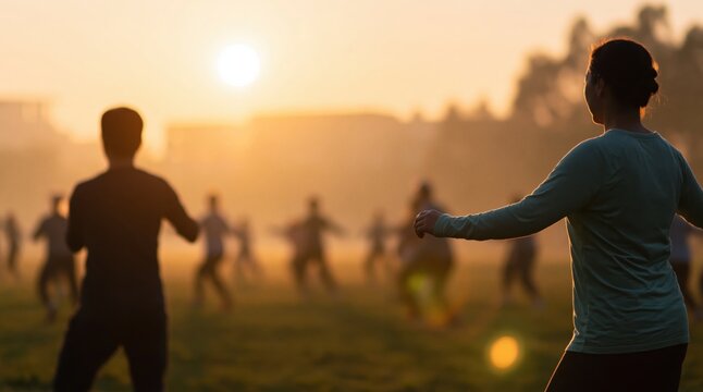 Group of people practicing tai chi or qigong movement exercises in a public park at morning sunrise, enjoying wellness and health