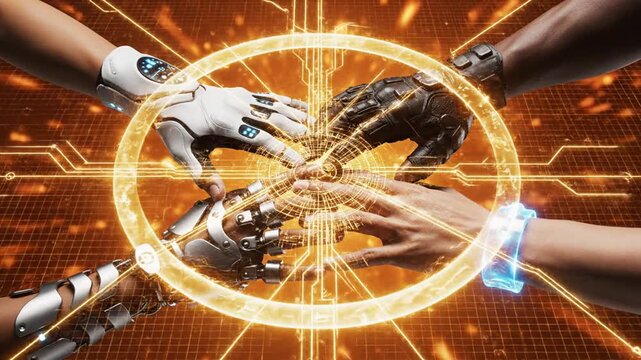 Human and robotic hands connect unity.