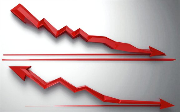Red arrows depict downward trends symbolizing decline or decrease in