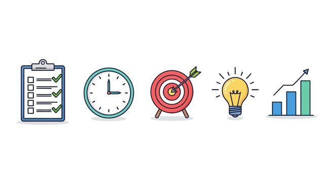 Business Goals Strategy Icons: Checklist, Clock, Target, Idea Bulb, Growth Chart