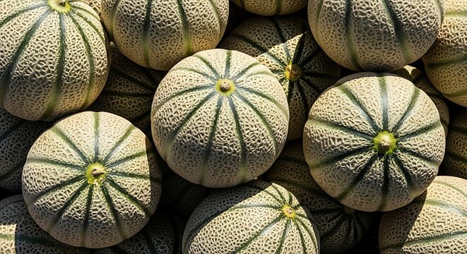 Cantaloupe melons piled at a farmers market in direct sunlight with high contrast shadows and organic textures for food and nutrition marketing