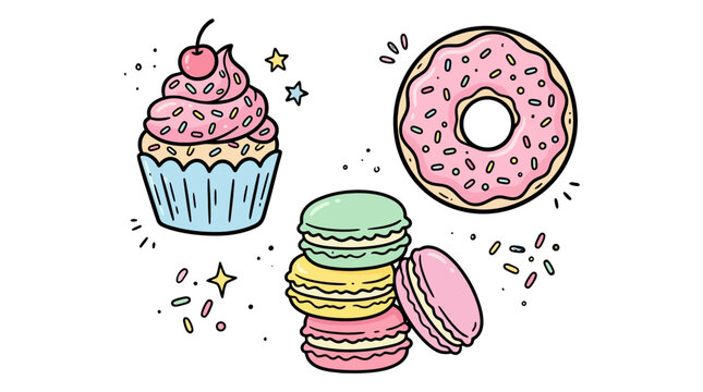 Colorful Hand-Drawn Dessert Collection Featuring Cupcake Cookies and Donuts with Sprinkles