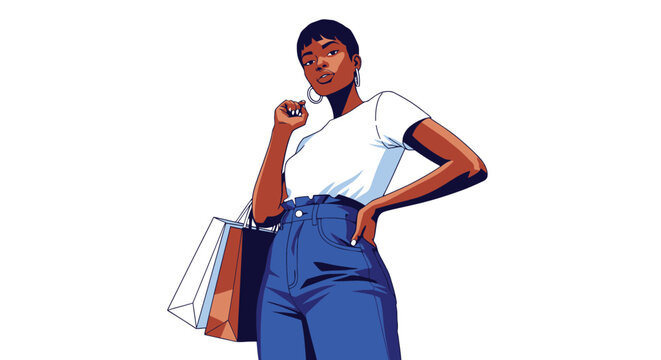 Confident African American woman with shopping bags striking a stylish pose.