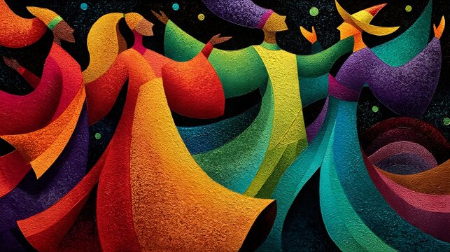 Stylized abstract painting of figures in flowing colorful garments dancing against a dark textured photo background