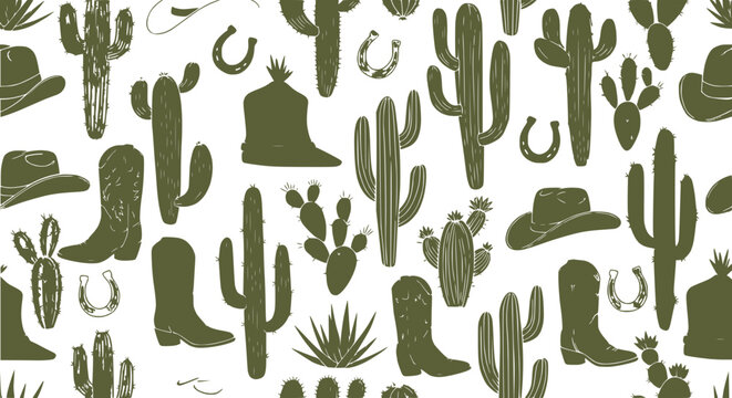 Desert Western Cowboy Pattern: Cacti, Boots, Hats, Horseshoes