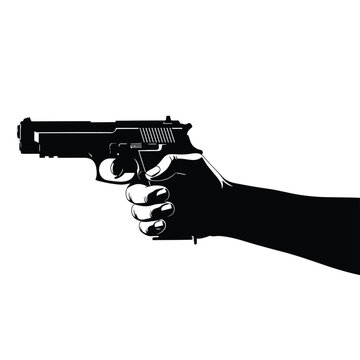 Black silhouette of a hand aiming a pistol with trigger finger.